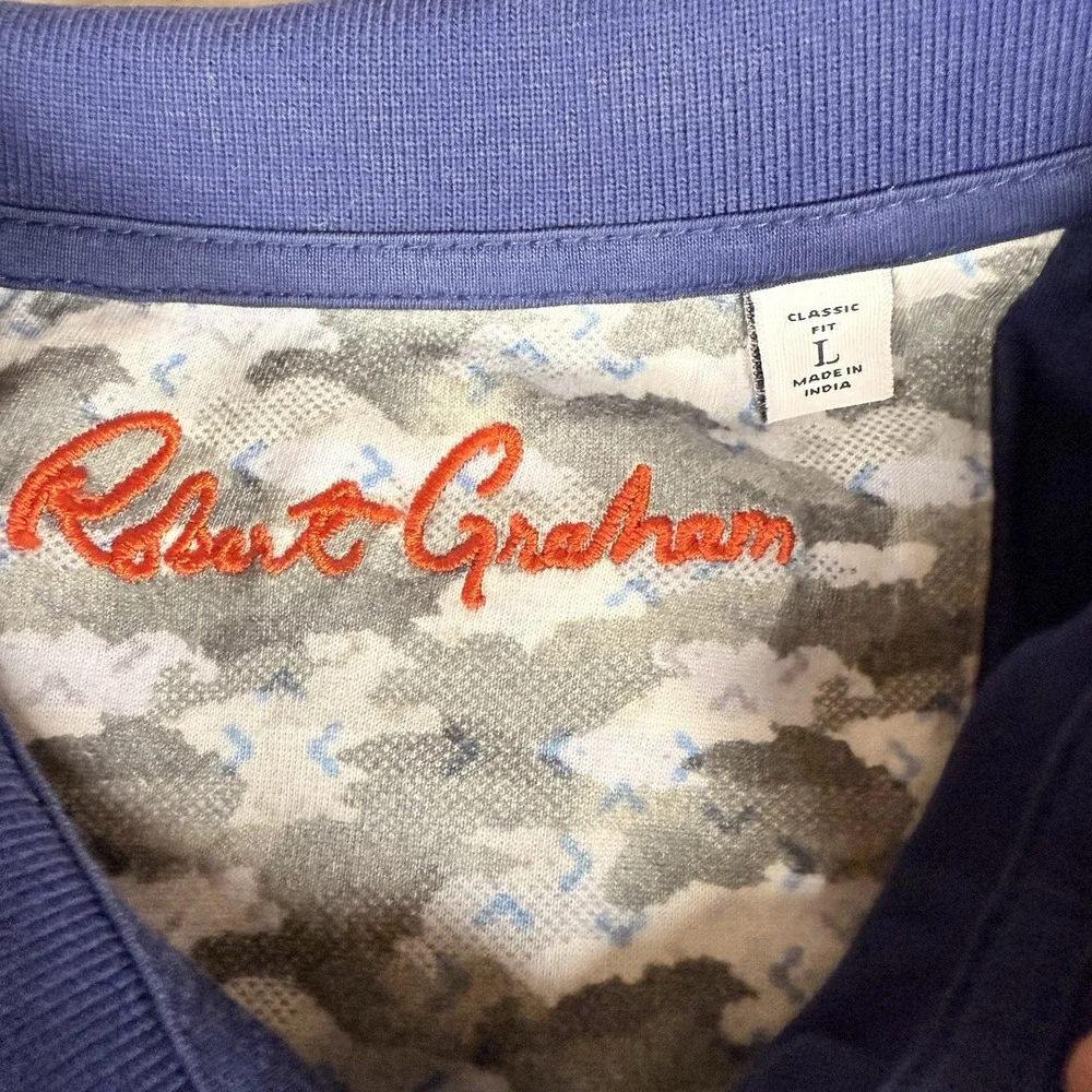 Robert Graham Polo Shirt Mens Large Blue Camo Collar Skull Embroidered Casual